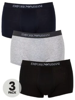 Emporio Armani Bodywear 3 Pack Cotton Trunks - Black/Navy/Grey