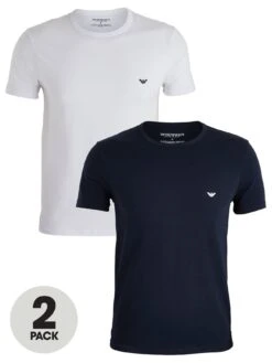 Emporio Armani Bodywear Pure Cotton Stretch Slim Fit T-Shirt (2 Pack) - White/Navy