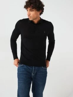 AllSaints Mode Merino Long Sleeve Knitted Polo Shirt - Black
