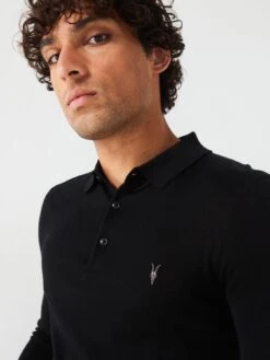 AllSaints Mode Merino Long Sleeve Knitted Polo Shirt - Black -Barbou Clothing Shop QKQLK SQ4 0000000004 BLACK MDd
