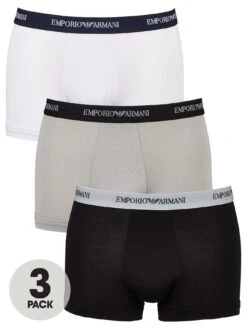 Emporio Armani Bodywear 3 Pack Emporio Waistband Stretch Cotton Trunks - Black/Grey/White