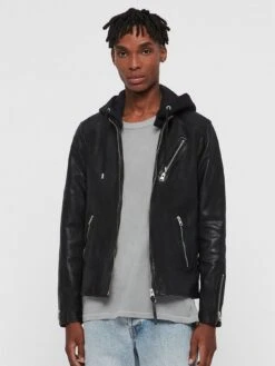 AllSaints Harwood Detachable Hood Leather Jacket - Black
