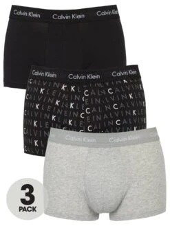 Calvin Klein 3 Pack Plain / Print Low Rise Trunks - Black/Grey