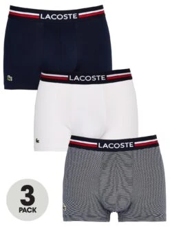 Lacoste 3 Pack Striped Boxer Shorts - Navy/White