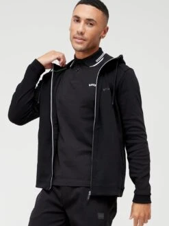 BOSS Saggy Curved Logo Zip Thru Hoodie - Black