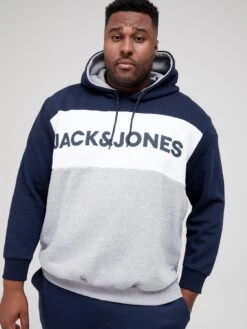 Jack & Jones Jack & Jones Plus Colour Block Overhead Hoodie - Navy Blazer