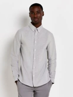 River Island Long Sleeve Stretch Oxford Shirt - Light Grey