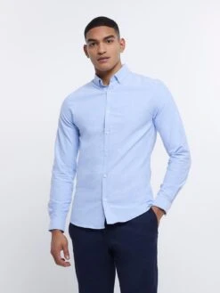 River Island Long Sleeve Muscle Oxford Shirt - Light Blue