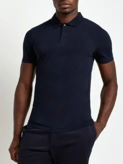 River Island Short Sleeve Basic Muscle Fit Polo - Navy