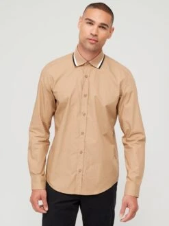 BOSS Liam 233 Regular Fit Longsleeve Shirt With Jersey Collar - Beige