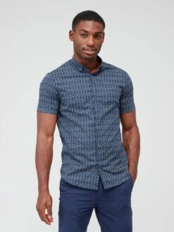 Armani Exchange All-Over Print Stretch Short Sleeve Shirt - Navy