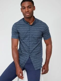 Armani Exchange All-Over Print Stretch Short Sleeve Shirt - Navy -Barbou Clothing Shop VJEXC SQ4 0000000048 NAVY MDd