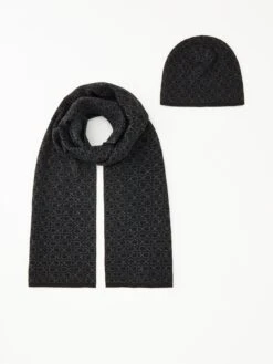 Calvin Klein Monogram Scarf And Beanie Hat Gift Set - Black/White