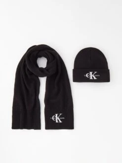 Calvin Klein Jeans Mono Logo Scarf And Beanie Hat Gift Set - Black/White