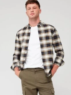 Farah Brewer Long Sleeve Check Oxford Shirt - Dark Khaki