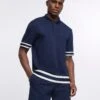 River Island Short Sleeve Slim Tape Polo - Navy
