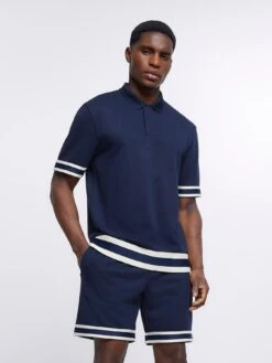River Island Short Sleeve Slim Tape Polo - Navy