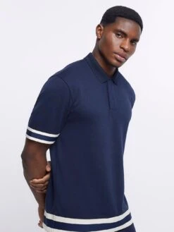 River Island Short Sleeve Slim Tape Polo - Navy -Barbou Clothing Shop VKDMZ SQ4 0000000048 NAVY MDd