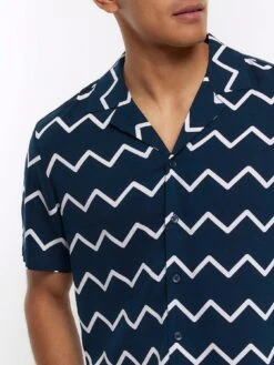 River Island Zip Zag Print Revere Shirt -Barbou Clothing Shop VKUP0 SQ4 0000000048 NAVY MDd