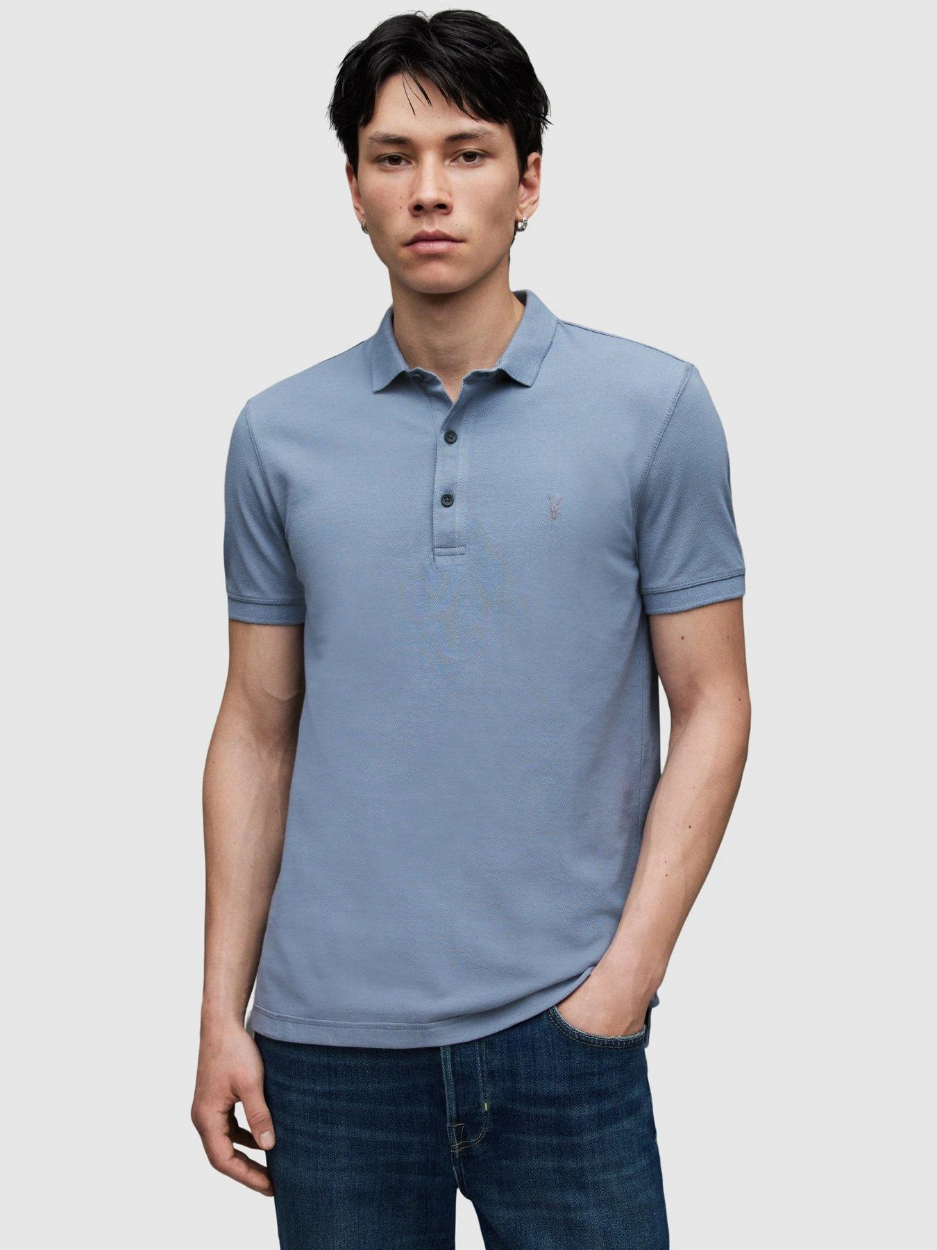 AllSaints Reform Short Sleeve Pique Polo Shirt - Blue 1 AllSaints Reform Short Sleeve Pique Polo Shirt - Blue