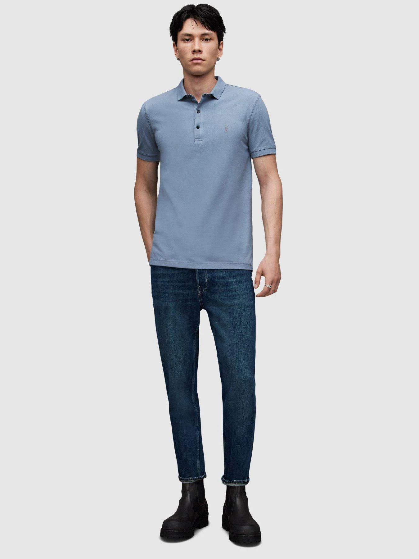 AllSaints Reform Short Sleeve Pique Polo Shirt - Blue 2 AllSaints Reform Short Sleeve Pique Polo Shirt - Blue - Image 2