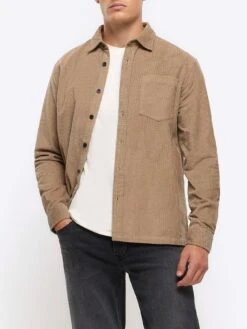 River Island Long Sleeve Corduroy Pocket Shirt - Natural