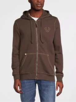 TRUE RELIGION Big T Zip Up Hoodie - Brown