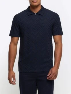 River Island Short Sleeve Slim Fit Chevron Texture Polo