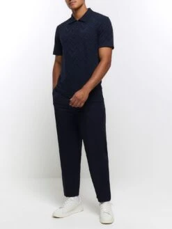 River Island Short Sleeve Slim Fit Chevron Texture Polo -Barbou Clothing Shop VPHGQ SQ3 0000000048 NAVY MDo